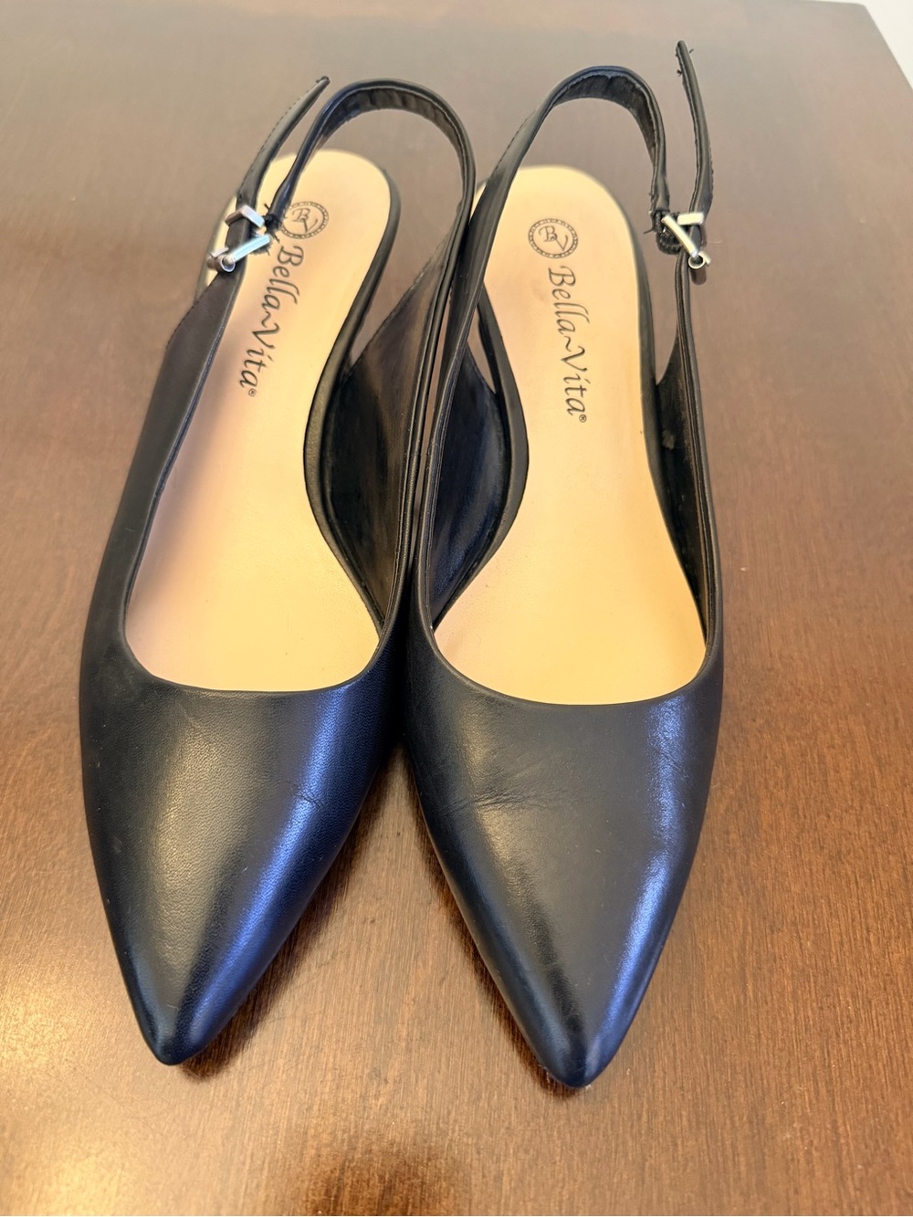 Bella Vita Black Pointed Slingback Flats with Adjustable Strap